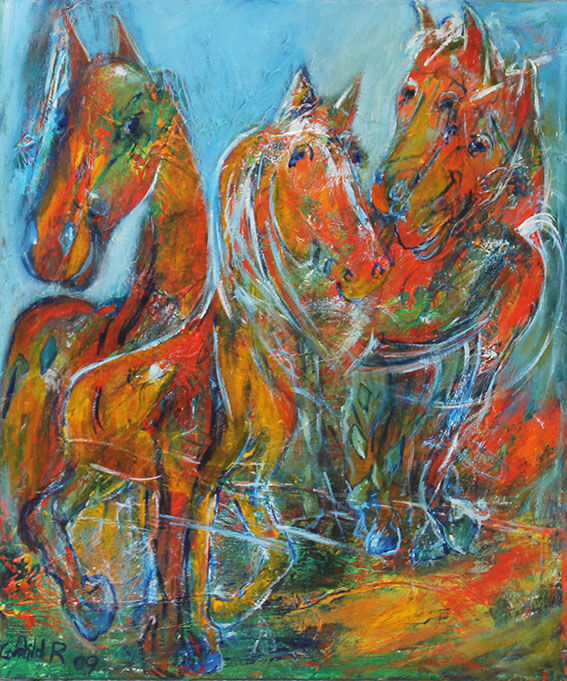 maleri Smilende heste af Gunhild Rasmussen