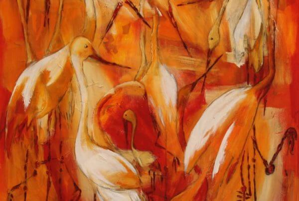 Farverige dyr maleri Storke og ikke en frø at se af Gunhild Rasmussen