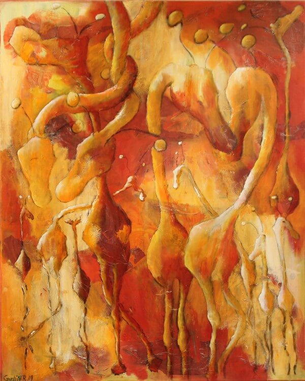 Let abstrakt maleri Røde Giraffer af Gunhild Rasmussen
