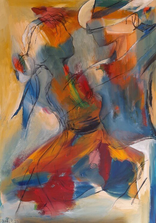 farverigt let abstrakt maleri Tango i farver 1 af Gunhild Rasmussen