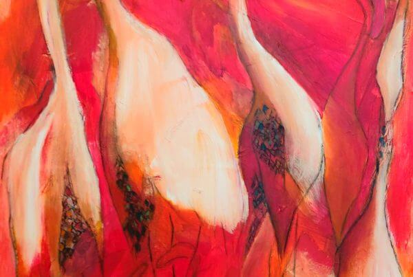 abstrakt og farverigt maleri Fugle af Gunhild Rasmussen