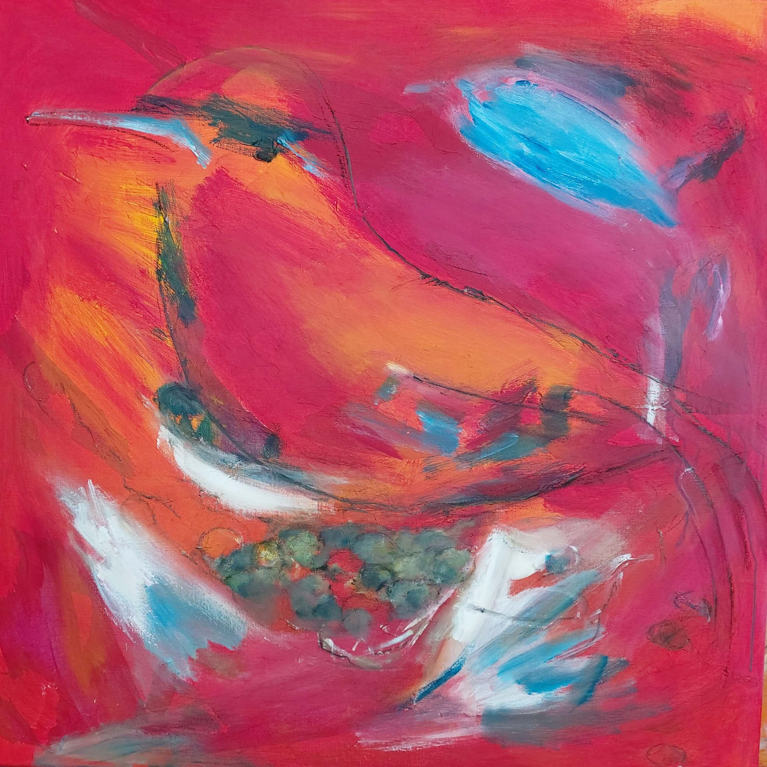 let abstrakt meget farverigt maleri, Rød Fugl af Gunhild Rasmussen