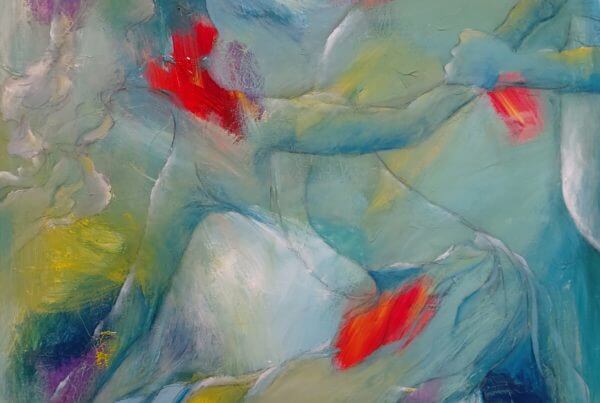 Farverig og let abstrakt maleri af par der danser , Dansende i lys blå af Gunhild Rasmussen