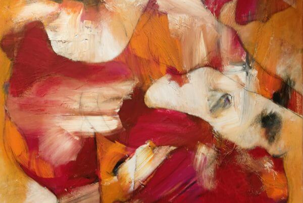 let abstrakt Maleri af pige i dans, Rød elegance af Gunhild Rasmussen