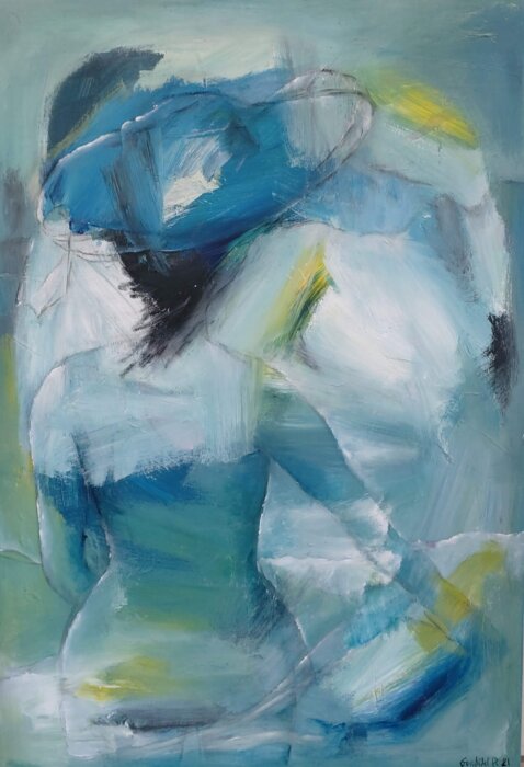 blå udsigt abstrakt maleri af Gunhild Rasmussen