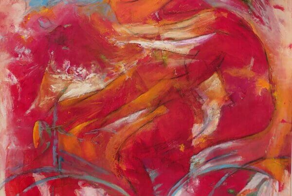 maleri af cyklende i røde farver