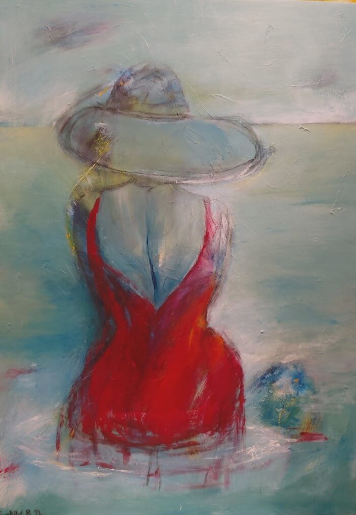 Udsigt Kvinde i rød kjole er et maleri malet af Gunhild Rasmussen