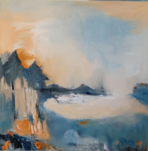 land Fjord og himmel maleri af Gunhild Rasmussen