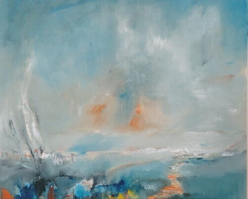 land og himmel abstrakt maleri af Gunhild Rasmussen