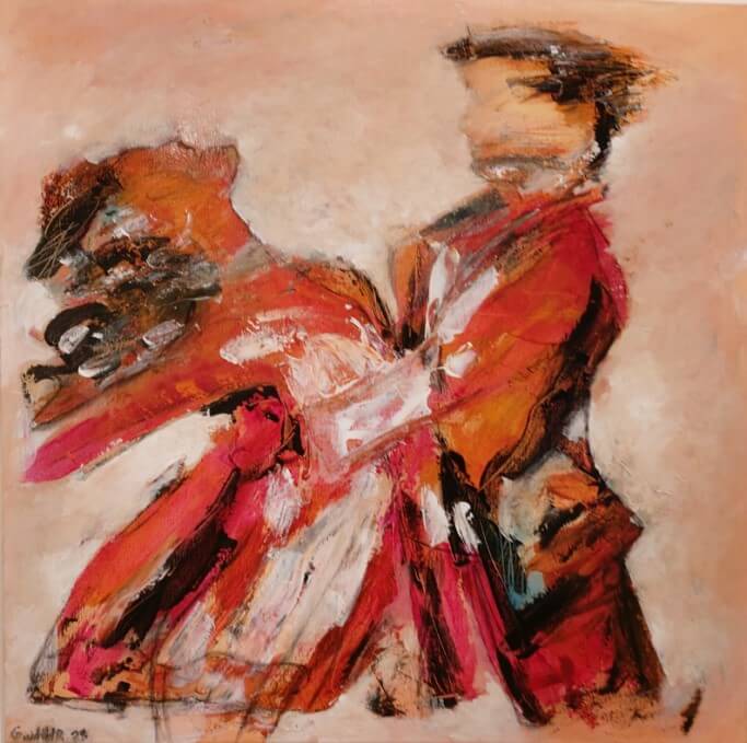 Danser i farver er et farverigt maleri af Gunhild Rasmussen